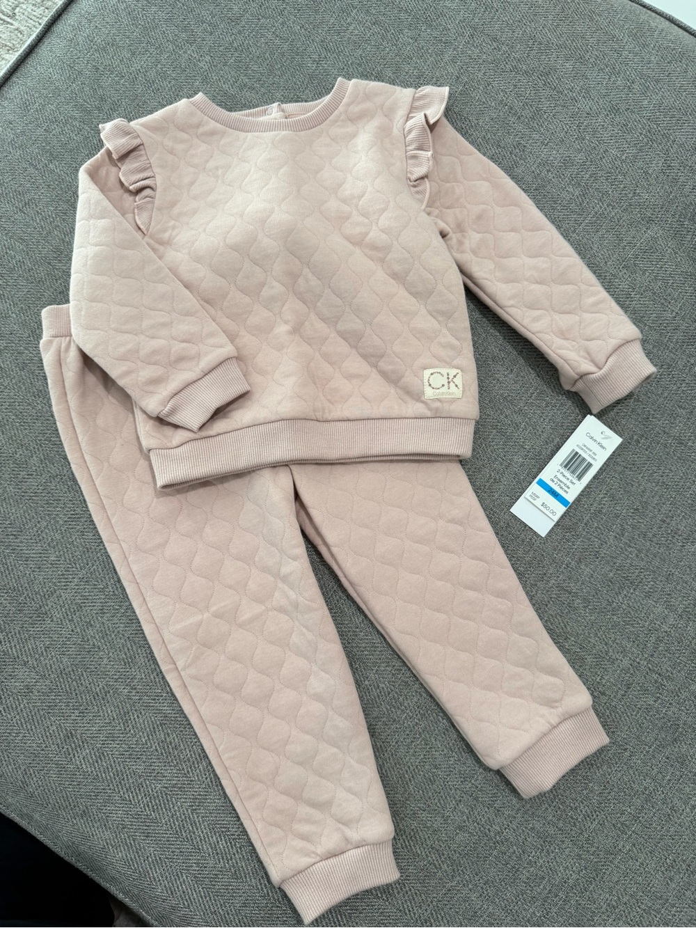 Calvin Klein Girls Quilted Ruffle Sweatshirt & Jogger Set - Blush Pink